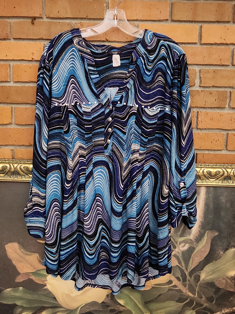 Cocomo Blue Wave-Print Long Sleeve Tunic 2x